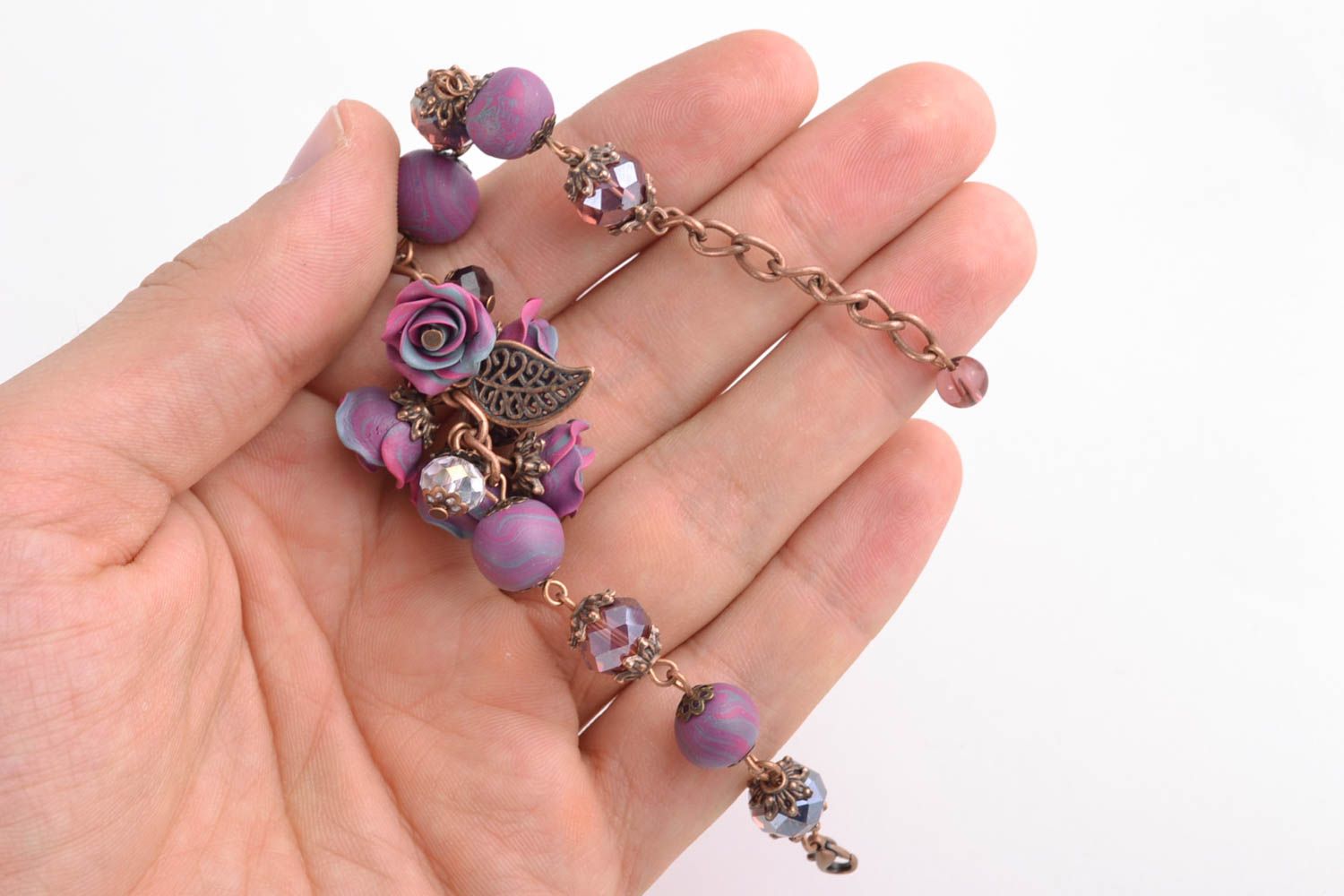 Bracelet fait main de pâte polymère avec fleurs violettes accessoire pour femme photo 2