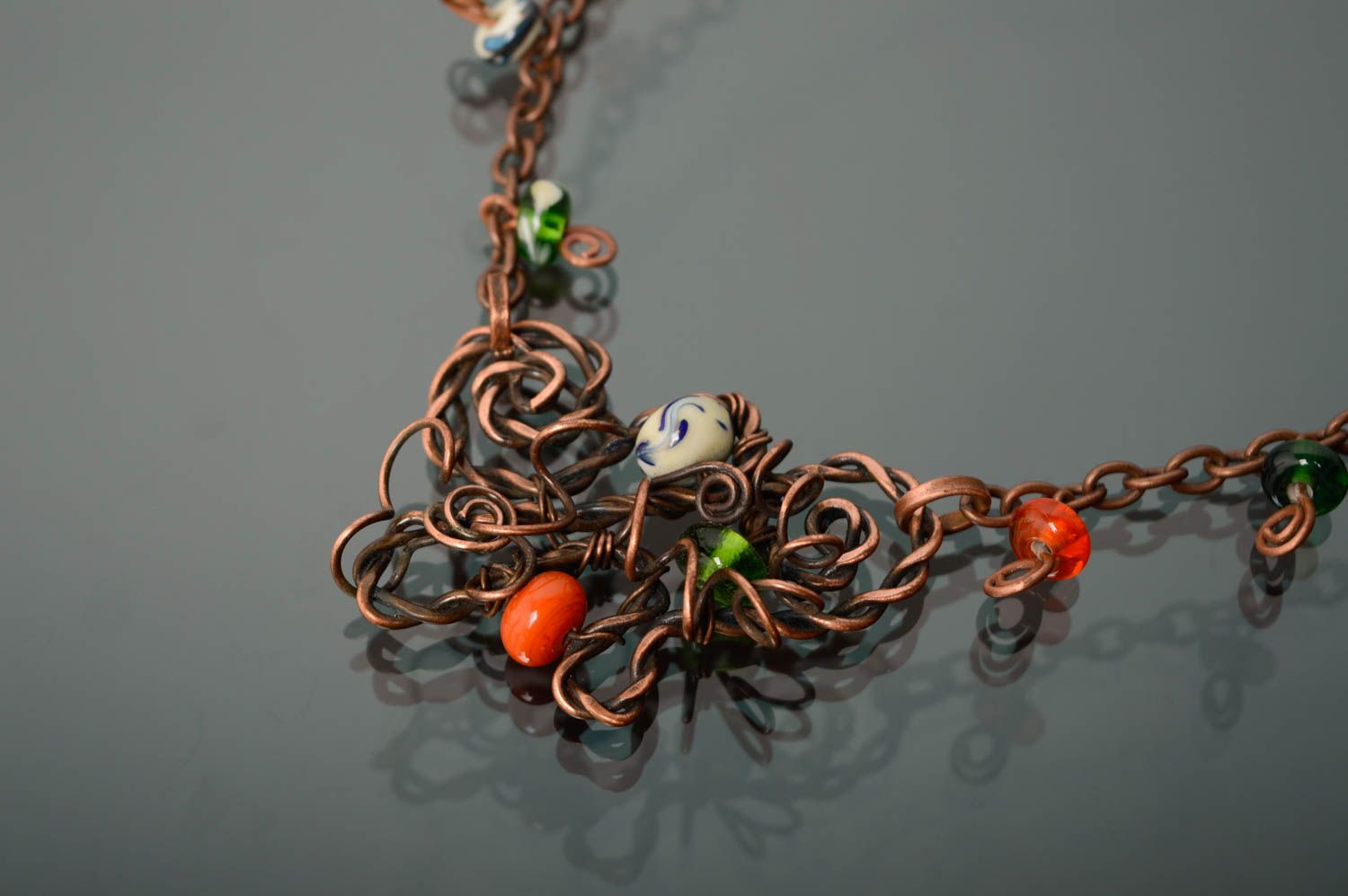Wire wrap necklace with designer lampwork beads Turbulence photo 4