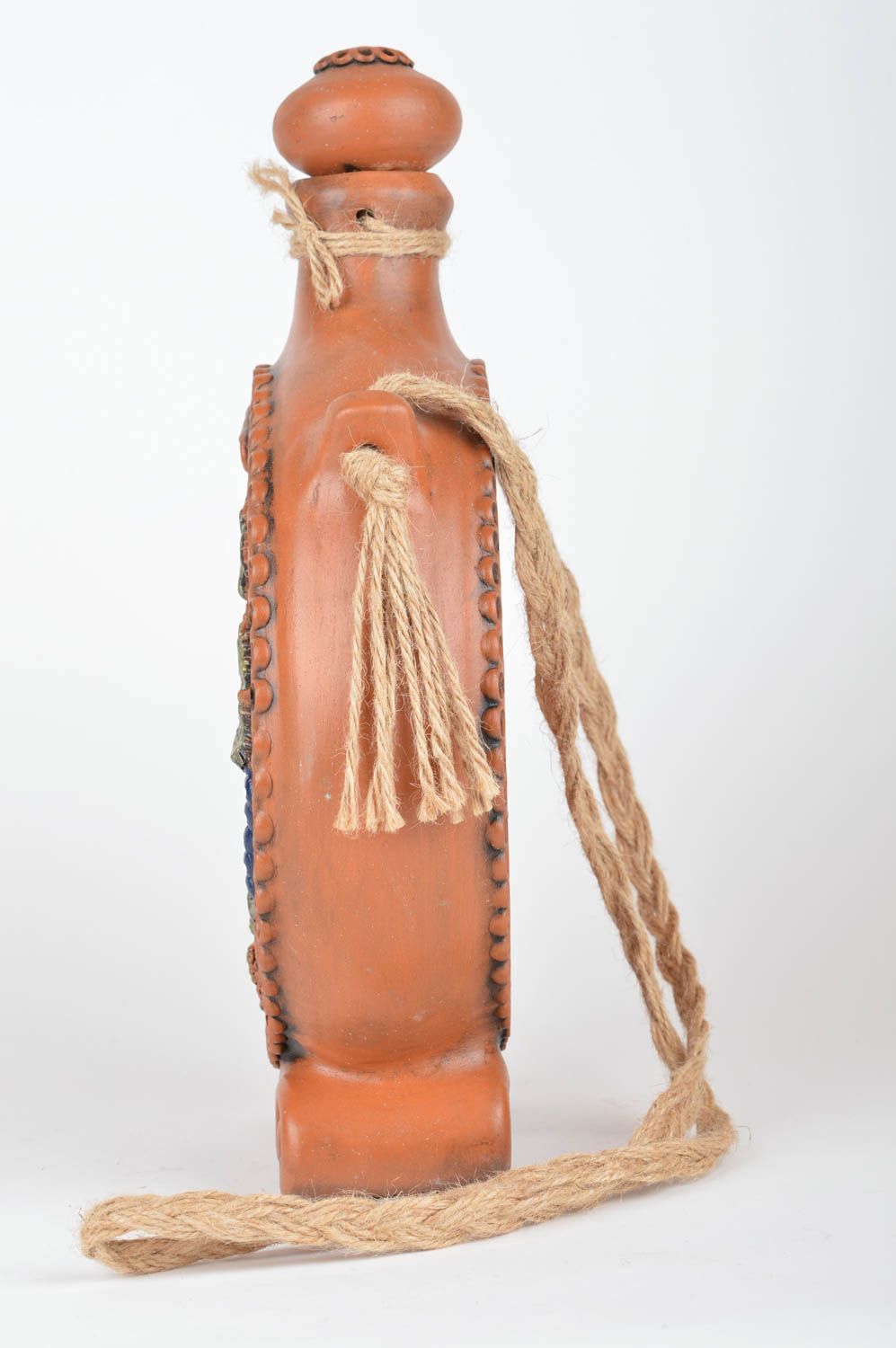 Handmade unusual ceramic painted decanter flat bottle with glaze Stork photo 4
