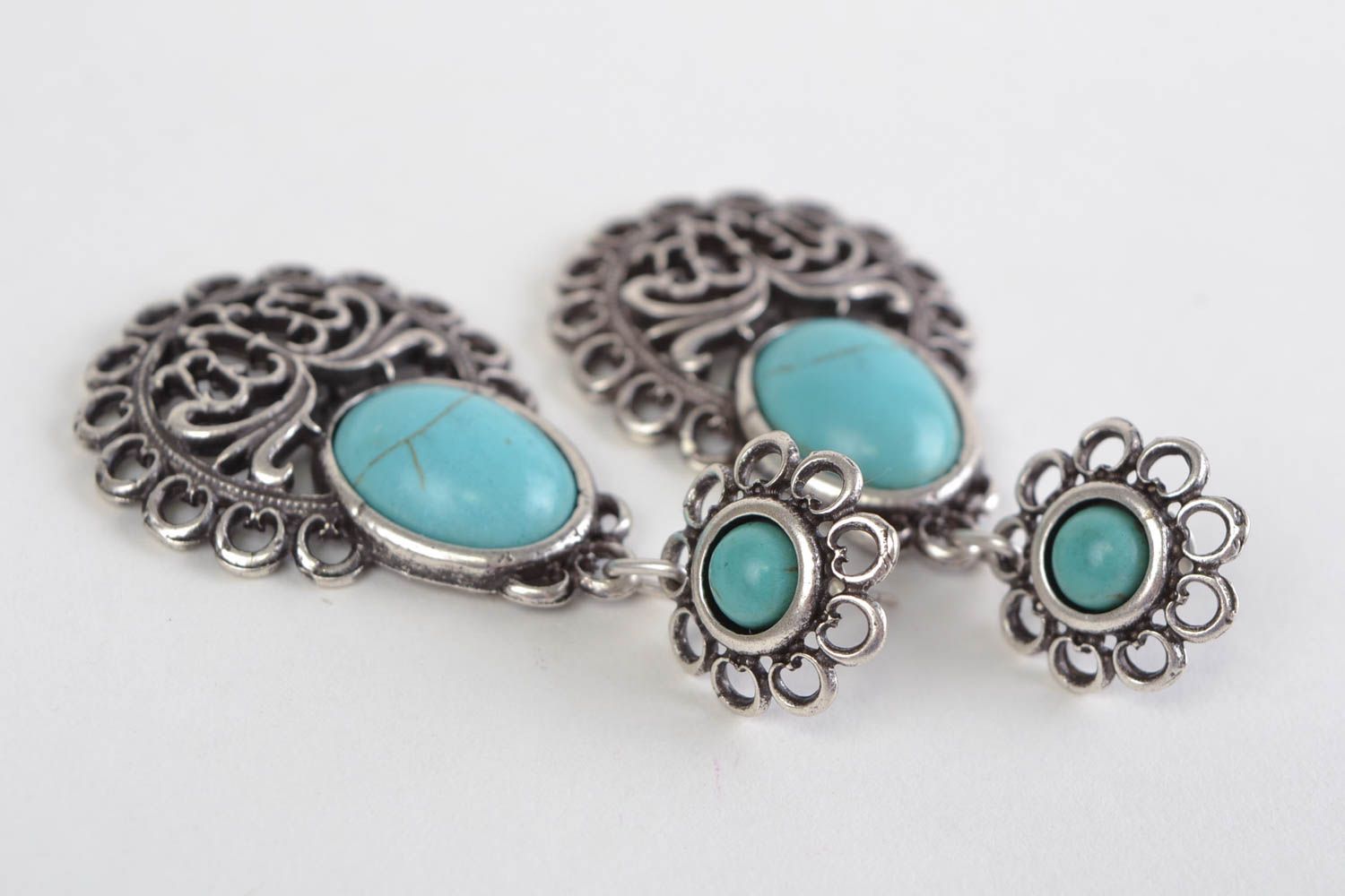Large handmade elegant metal earrings with turquoise stone photo 3