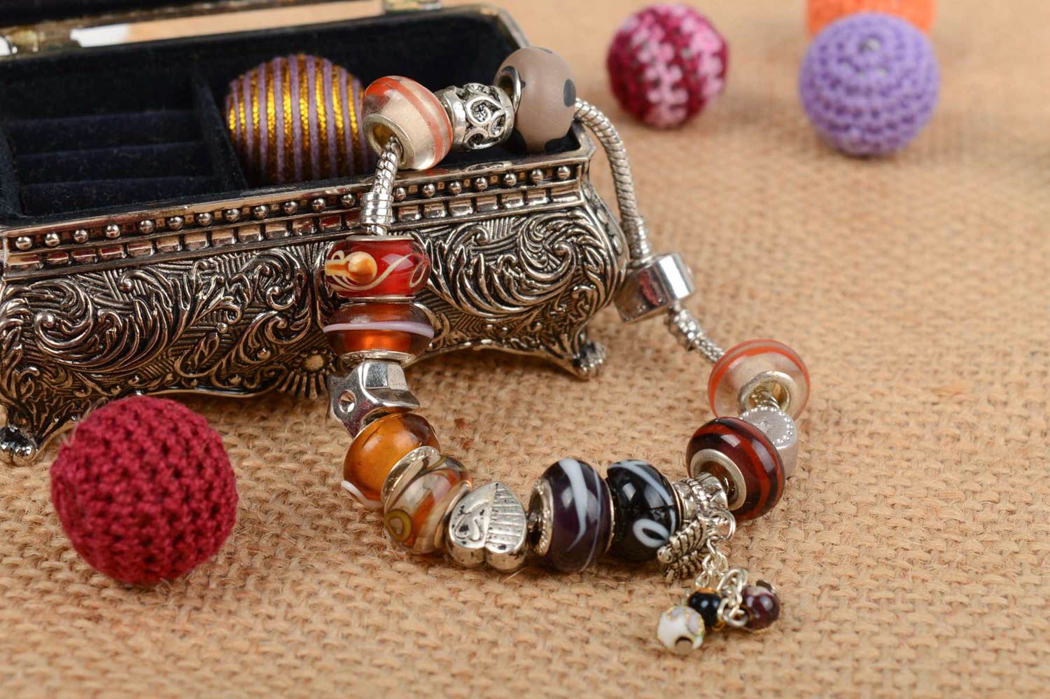 Handmade designer metal wrist bracelet with colorful Murano glass beads photo 1