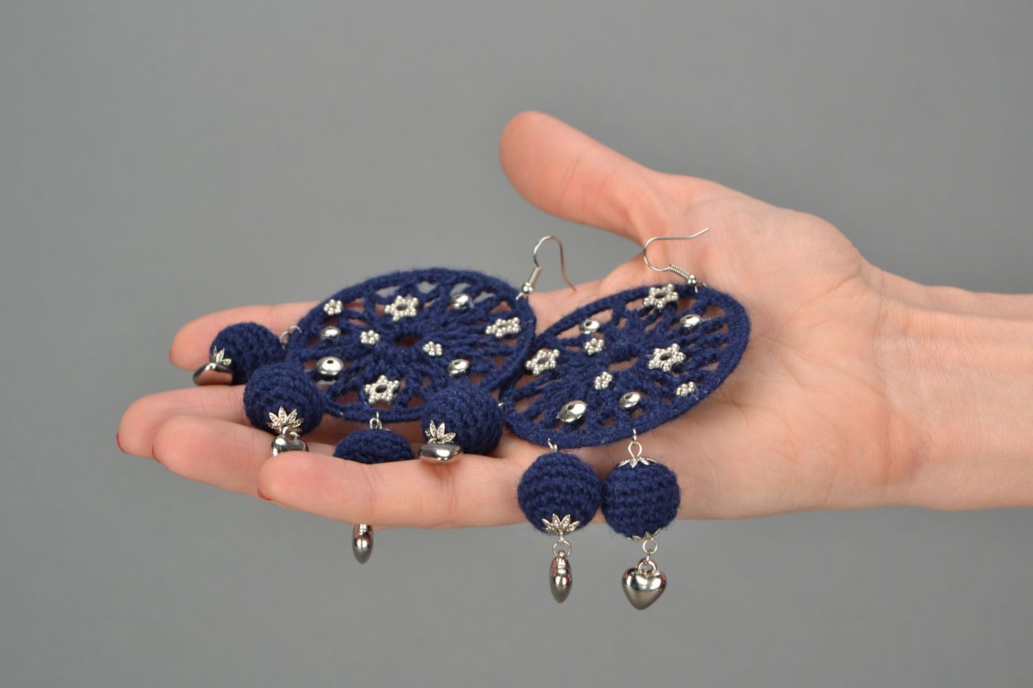 Homemade blue round crochet earrings photo 2