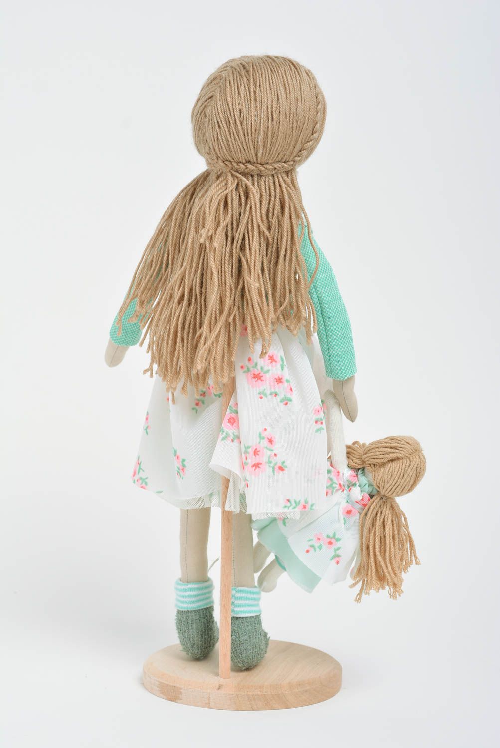 Handmade designer fabric soft doll girl in mint jacket with little soft toy photo 3