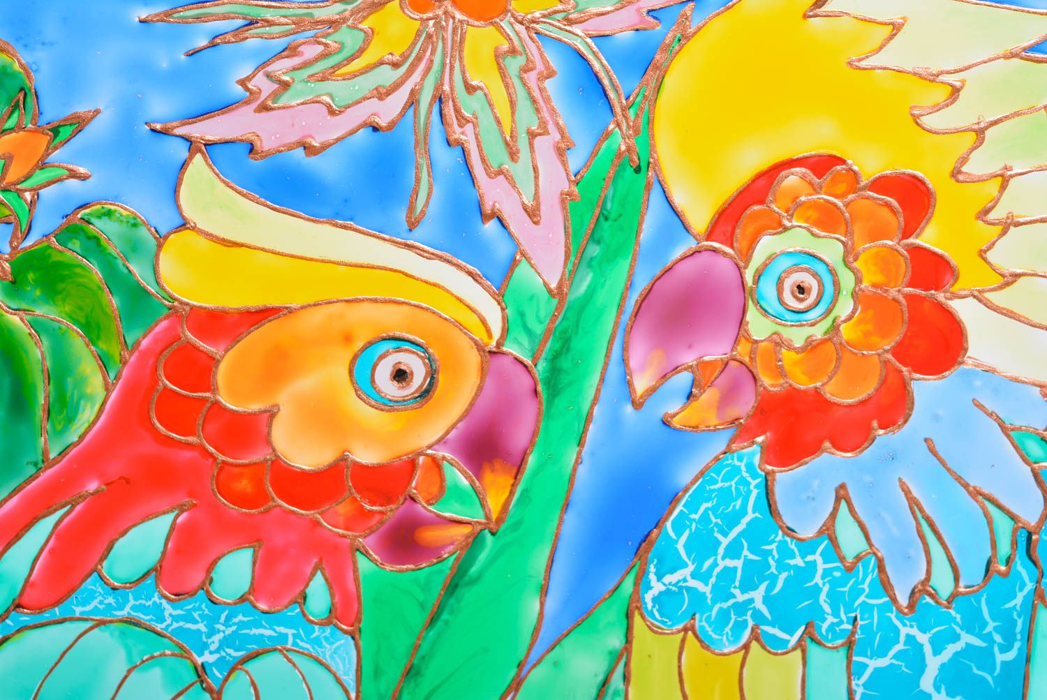 Deko Wandteller aus Glas mit Vitrage Farben Bemalung handgemacht Papageien  foto 2