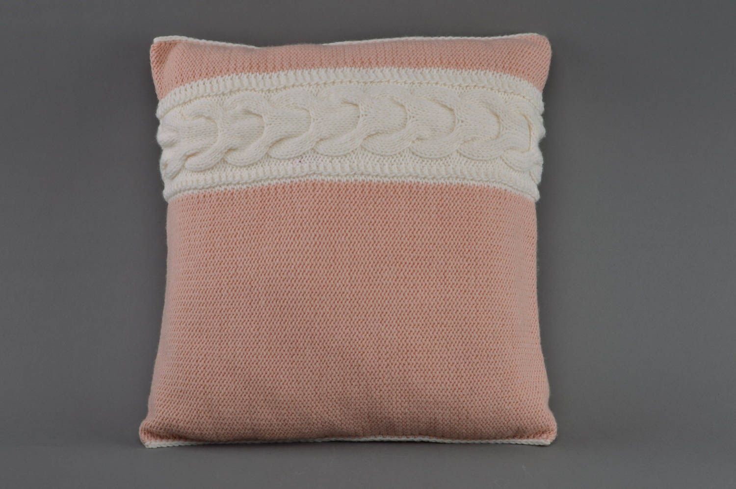 Beautiful handmade knitted cushion of beige color with wooden buttons photo 3