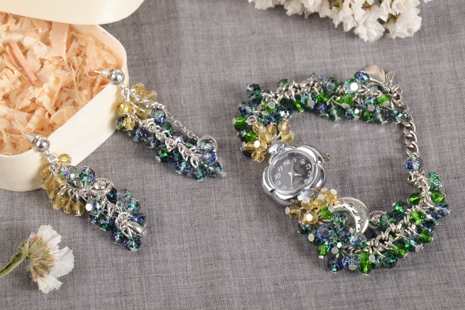 Handmade beaded earrings beaded bracelet wrist watch cool jewelry set  photo 1