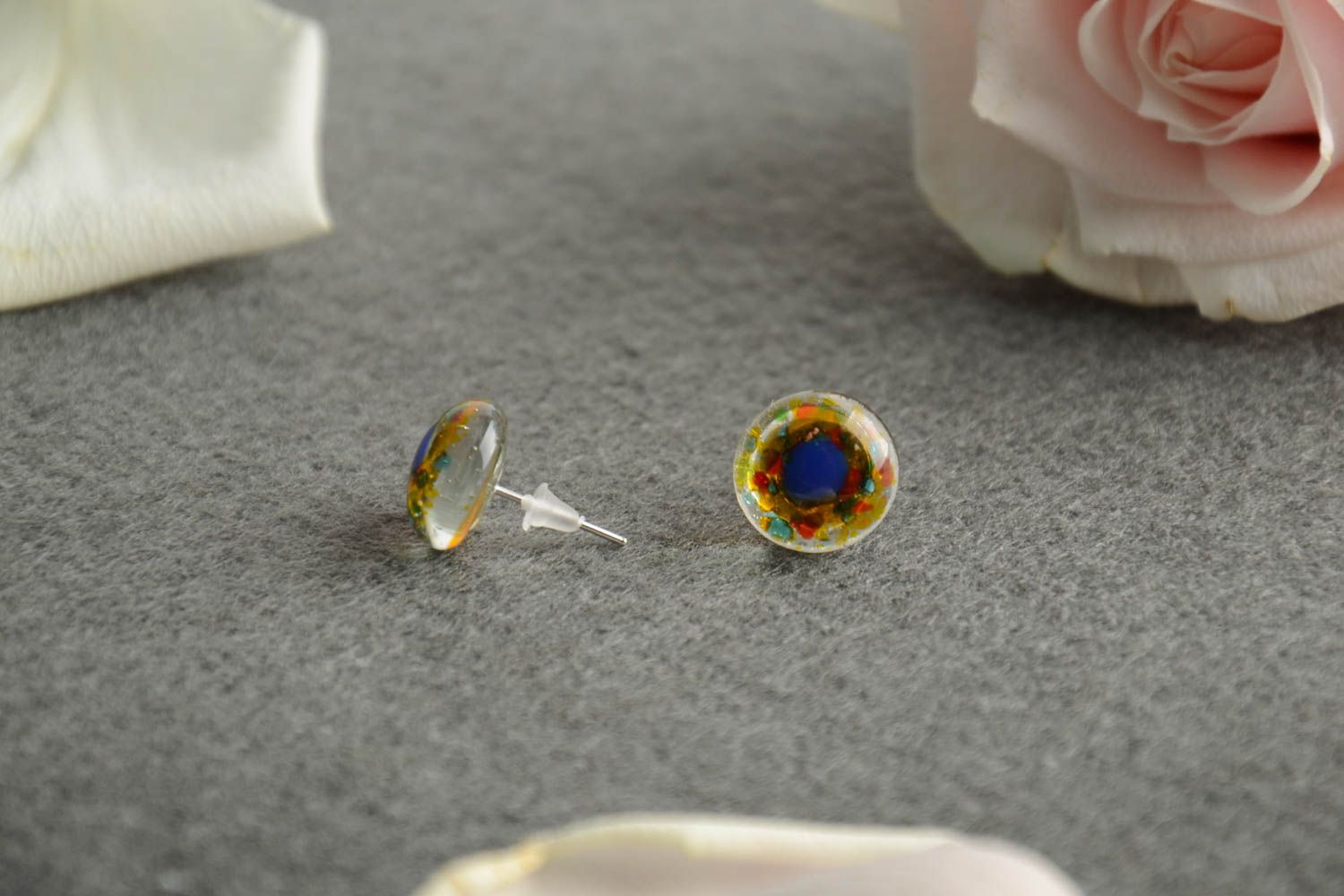 Handmade transparent rainbow stud earrings made using fusing glass technique photo 1