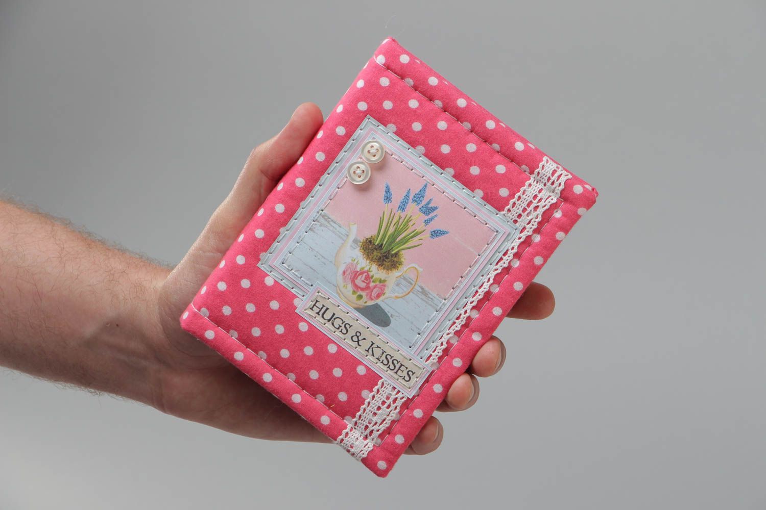 Блокнот с тканевой обложкой розовый в белый горошек с кружевом ручной работы фото 5