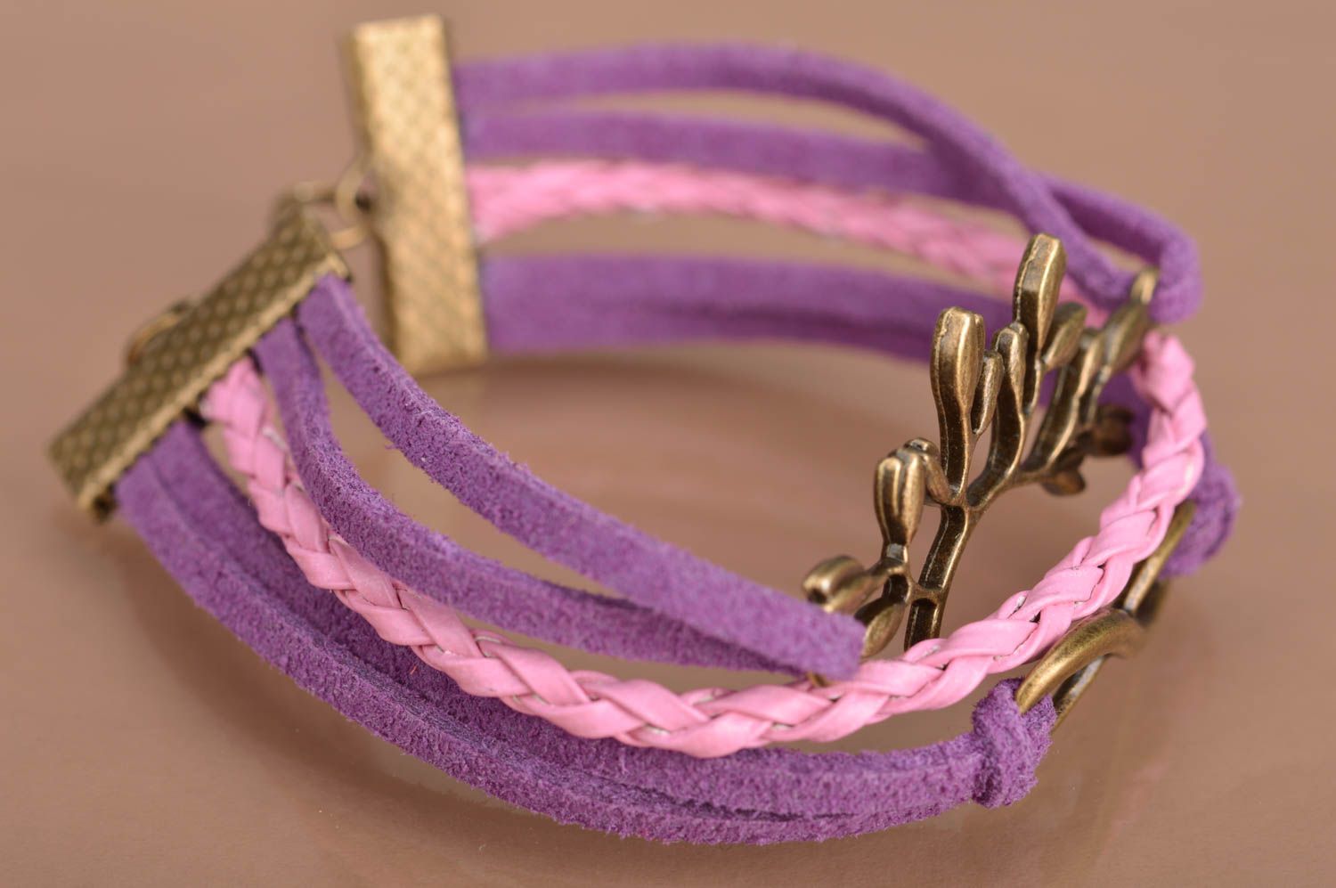 Handmade violet and pink suede cord multi row wrist bracelet with metal inserts photo 5