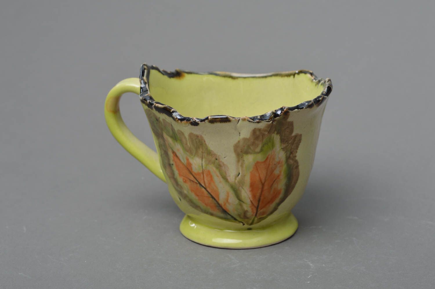 Art espresso ceramic 5 oz coffee cup in lime color with leaves pattern photo 2