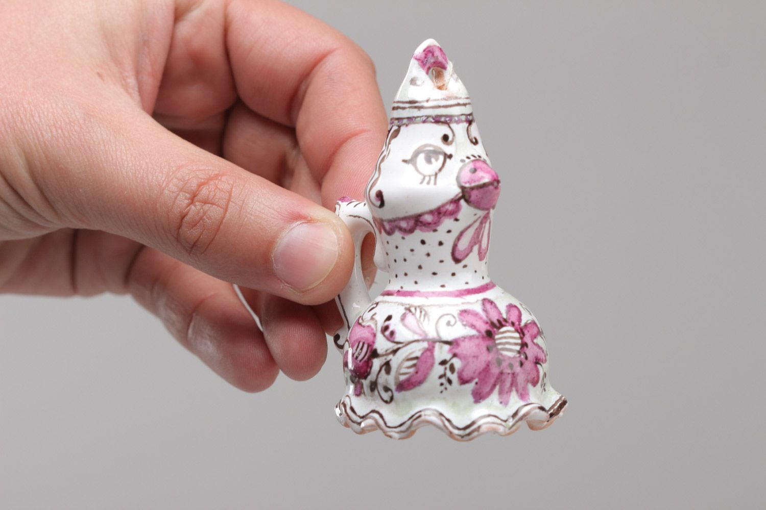 Campanilla cerámica hecha a mano pintada pequeña con asa con forma de pájaro foto 5