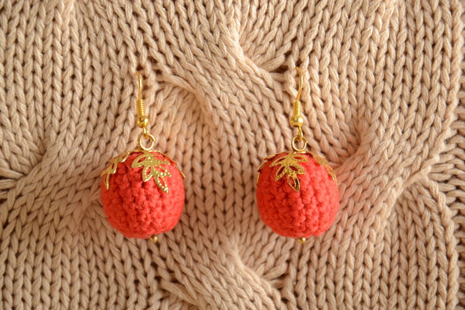 Beautiful red handmade crochet ball earrings for women photo 1