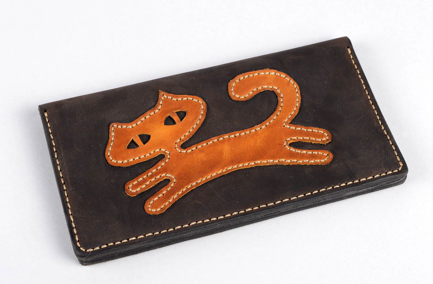 Portefeuille cuir noir fait main Accessoire femme chat orange Cadeau original photo 1