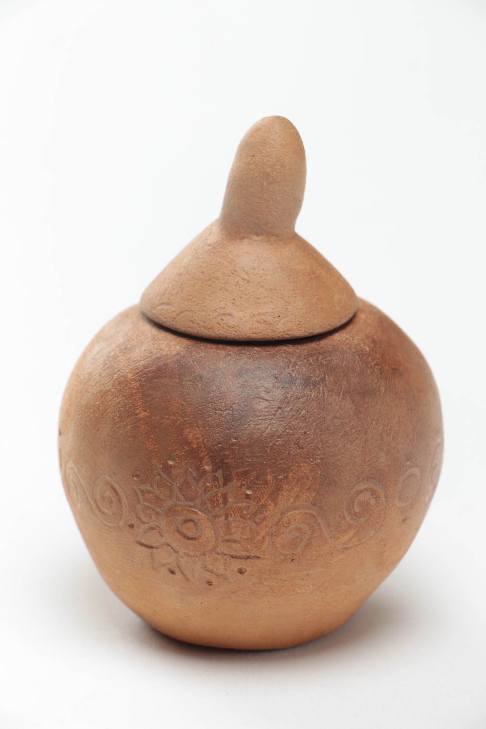 Unusual large beautiful brown clay salt pot with lid 70 ml photo 2