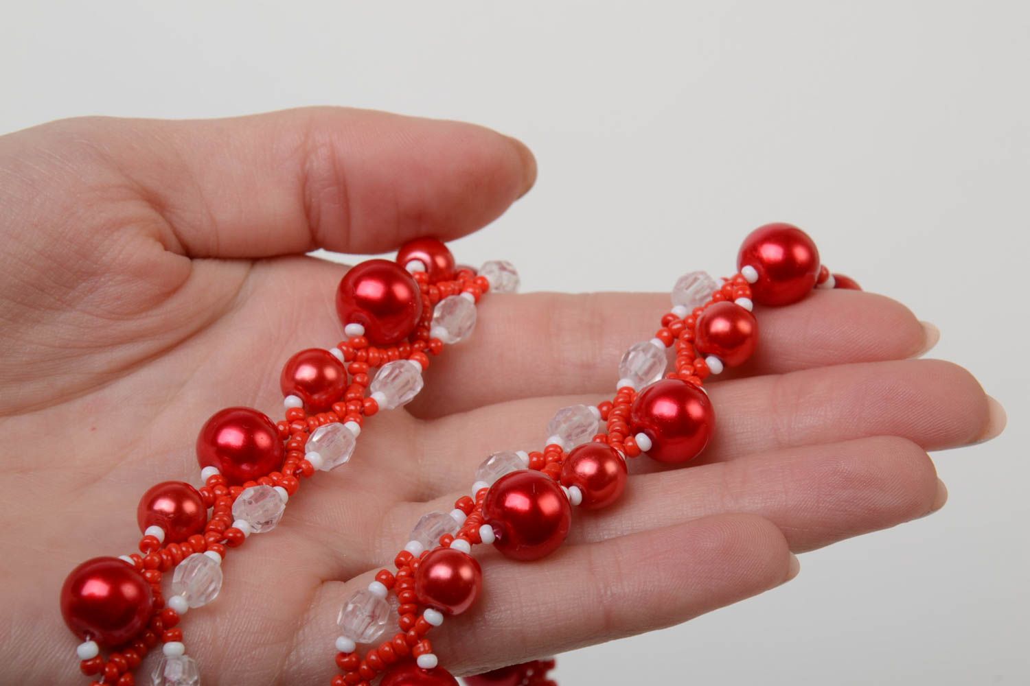 Beautiful unusual handmade red beaded necklace woven of Czech beads photo 5