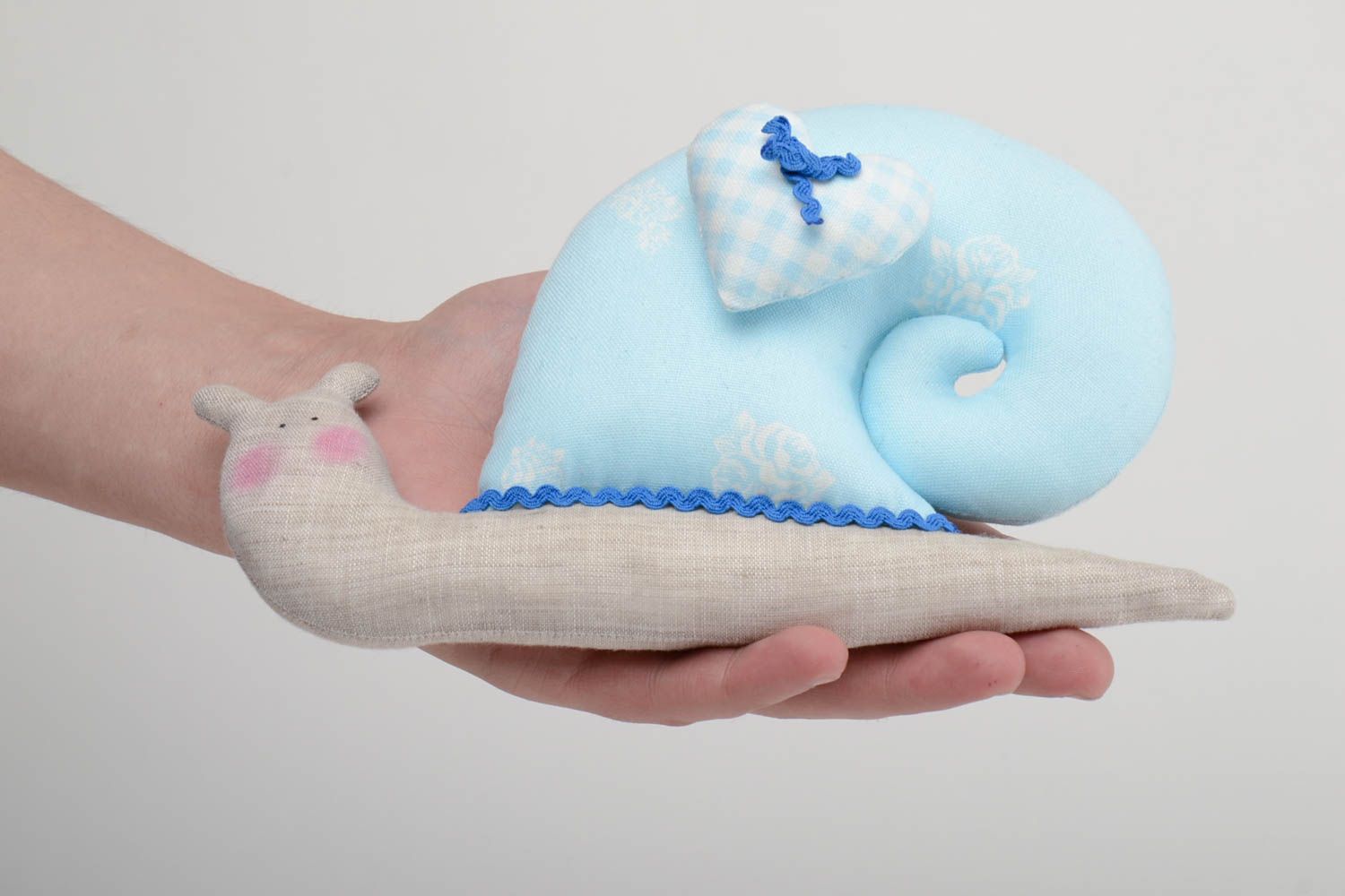 Blue handmade cotton fabric soft toy snail for interior and children photo 5