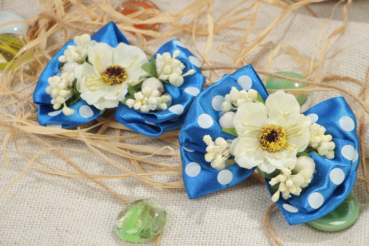 Set of handmade blue hair clips made of satin ribbons bows with flowers 2 pieces photo 1