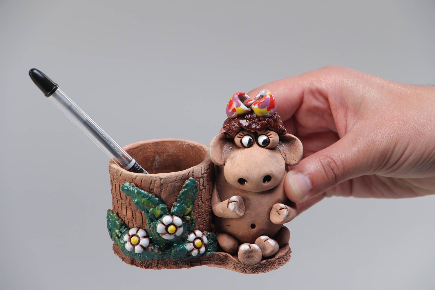 Handmade designer ceramic holder for pencils and other stationery with figurine photo 5