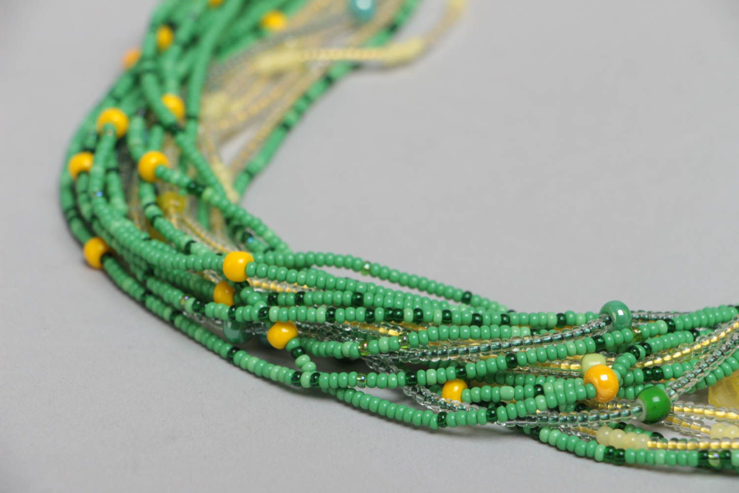 Handmade multi row beaded necklace in green and yellow color combination photo 3