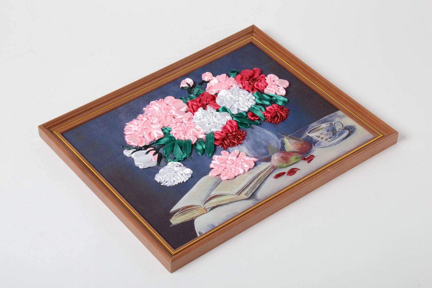 Small handmade satin ribbon flower embroidery in frame made of dark wood photo 2