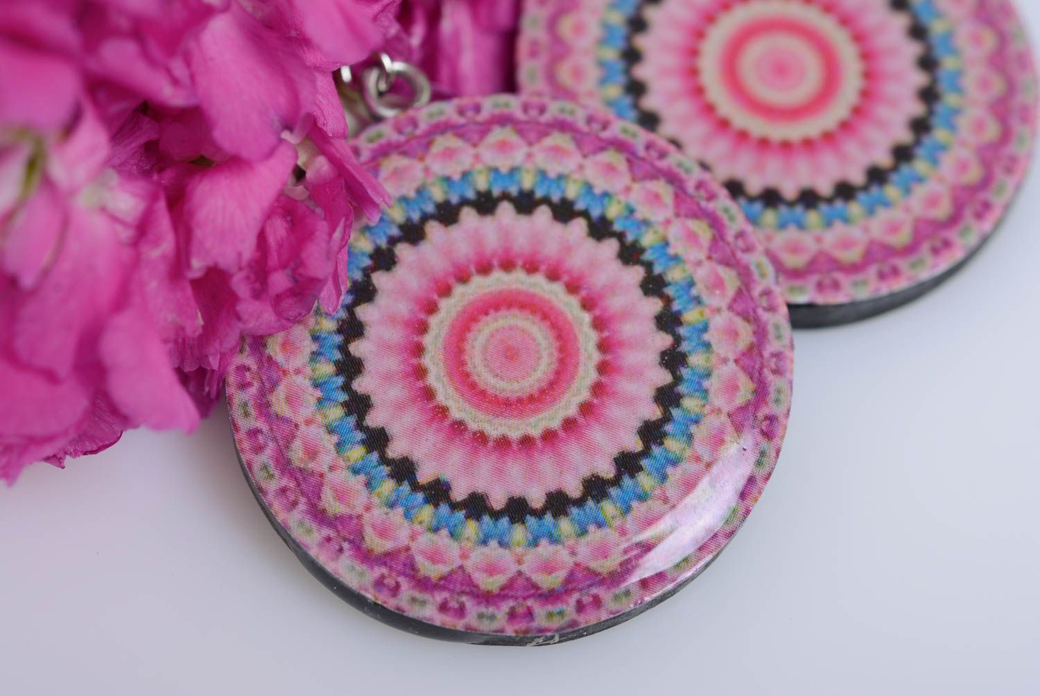Round earrings with pink polymer clay handmade accessory for every day photo 2