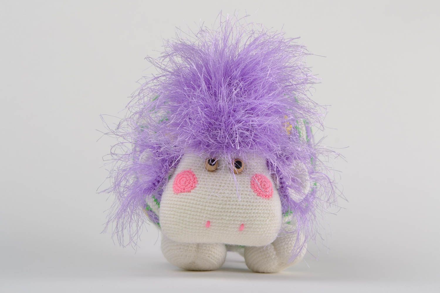 Handmade designer small soft toy crocheted of acrylic threads funny lamb photo 3