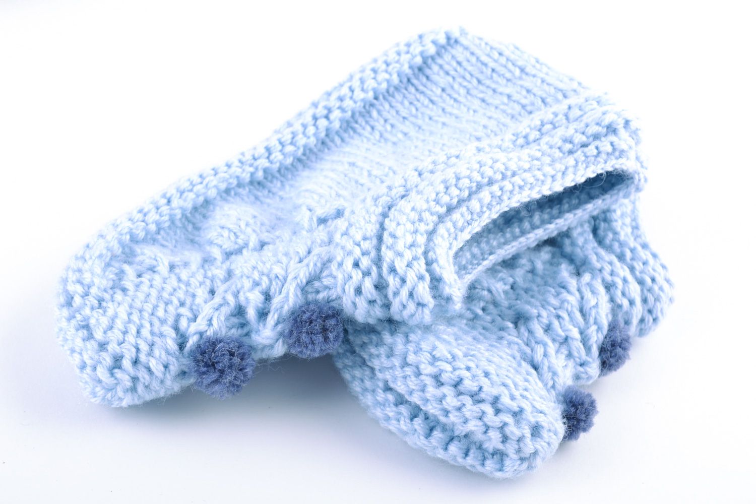 Light blue beautiful handmade slippers knitted of semi-woolen yarns for women  photo 5