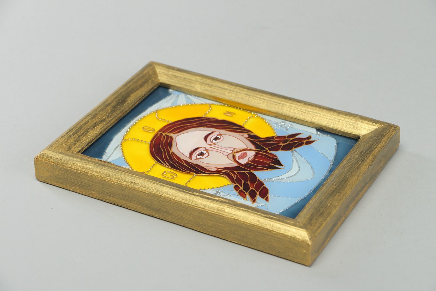 Handmade stained glass Icon of Christ Not Made by Hand equipped with frame photo 4