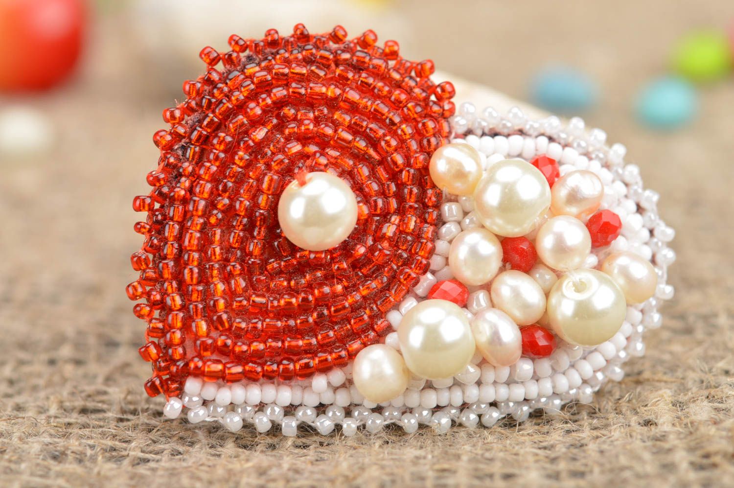 Handmade stylish beautiful red and white brooch made of large and seed beads  photo 1