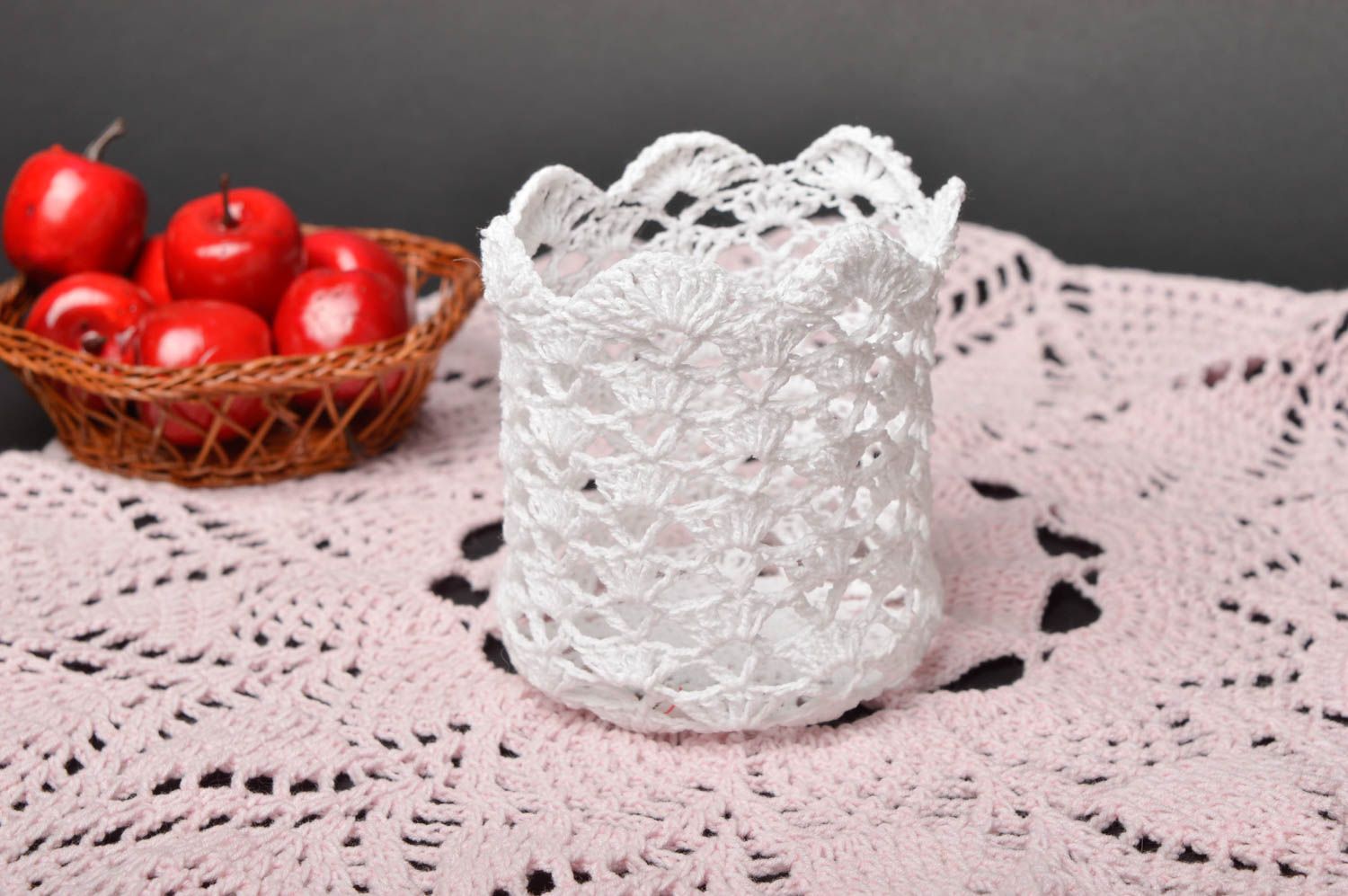 Cache-verre fait main Porte-gobelet blanc tricoté en coton Accessoire cuisine photo 1