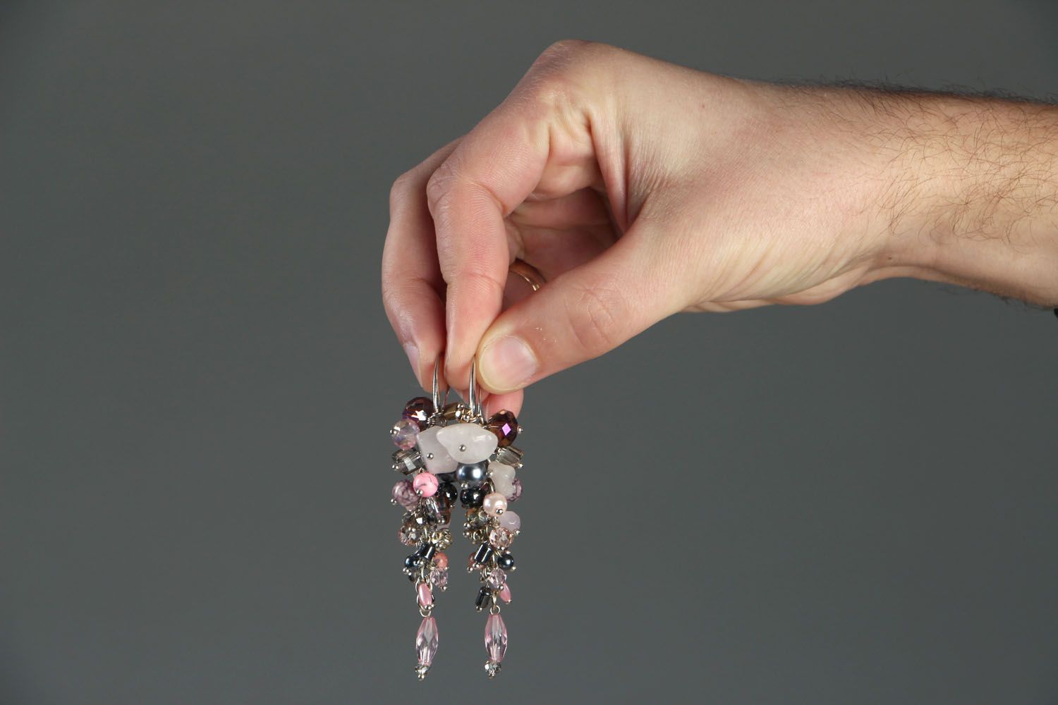 Handmade earrings with pink quartz photo 4