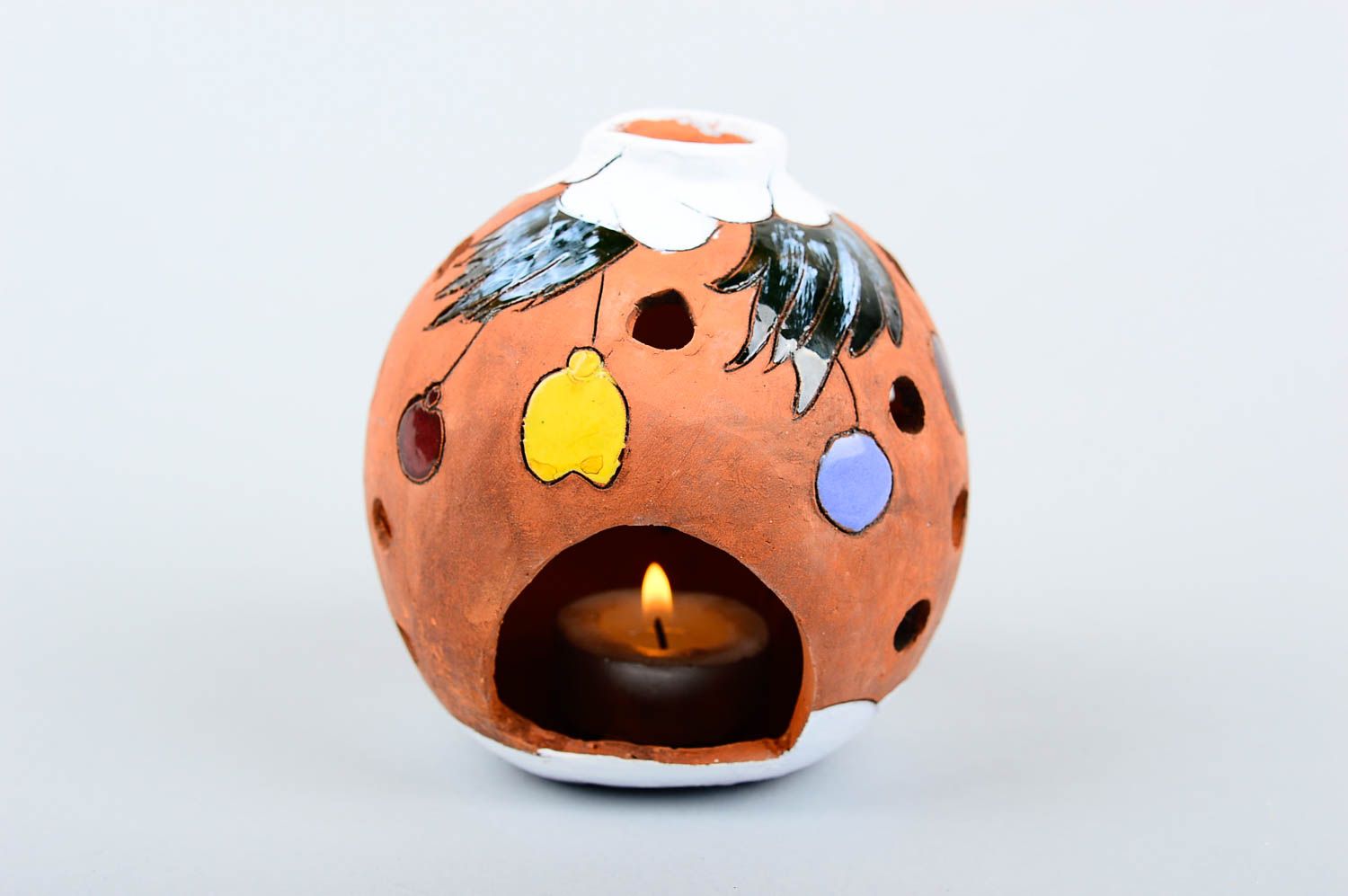 Runder Deko Kerzenhalter handmade Haus Deko Kerzenhalter aus Ton grell bemalt  foto 1