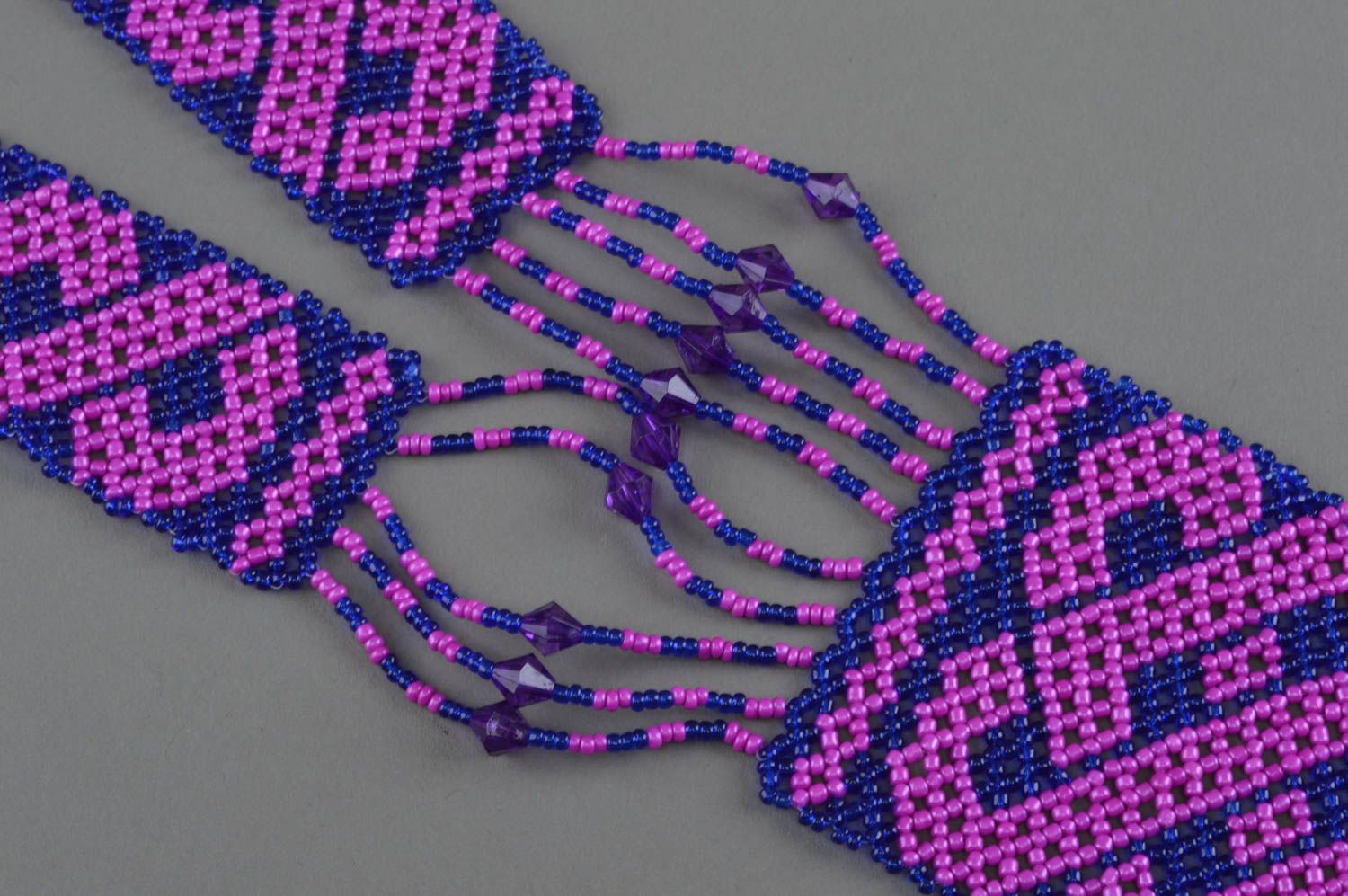 Оригинальное женское ожерелье гердан из бисера ручной работы сине розовый фото 4