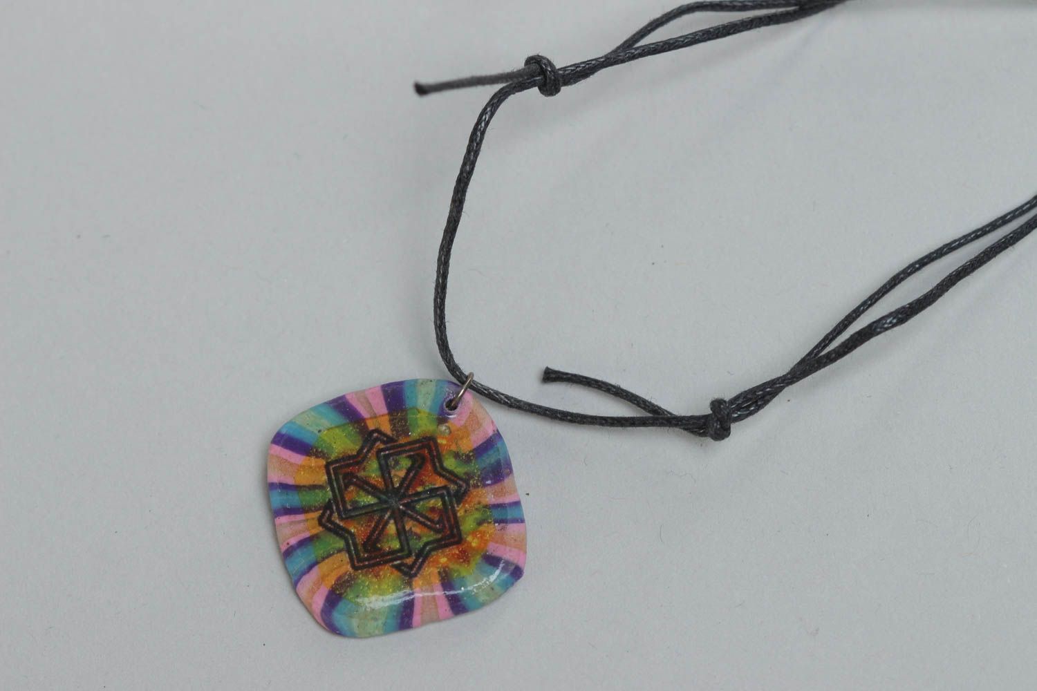 Handmade bright motley polymer clay pendant necklace with ornament on cord photo 2