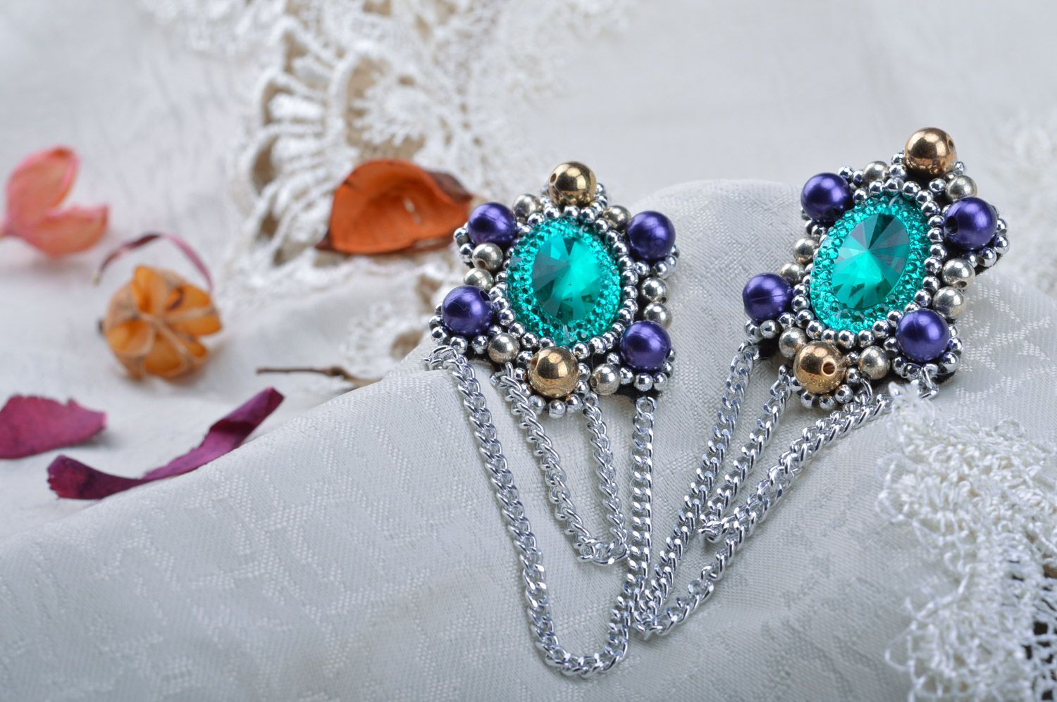 Handmade festive beaded earrings with rhinestones and chains on felt basis photo 4