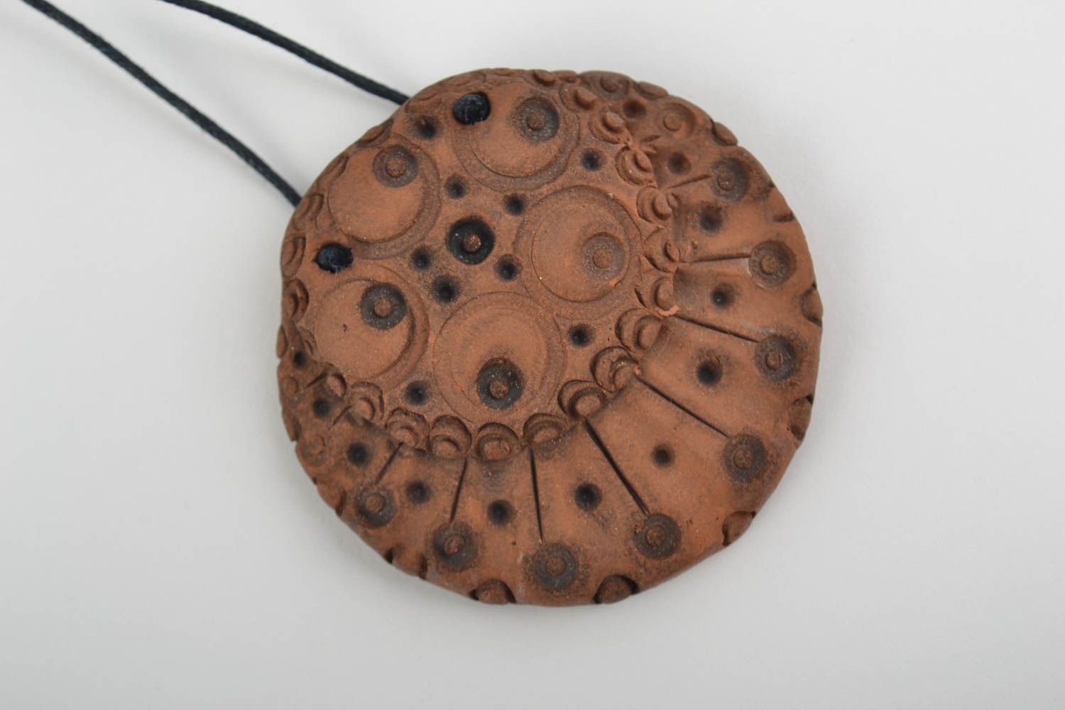 Clay handmade pendant in ethnic style accessory on lace 250 mm photo 5