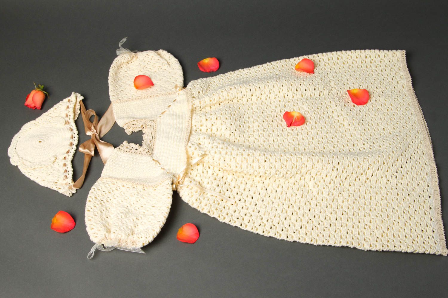 Handmade Taufe Babykleidung Set Häkel Accessoires Tauf Kleid und Mütze Mädchen foto 2