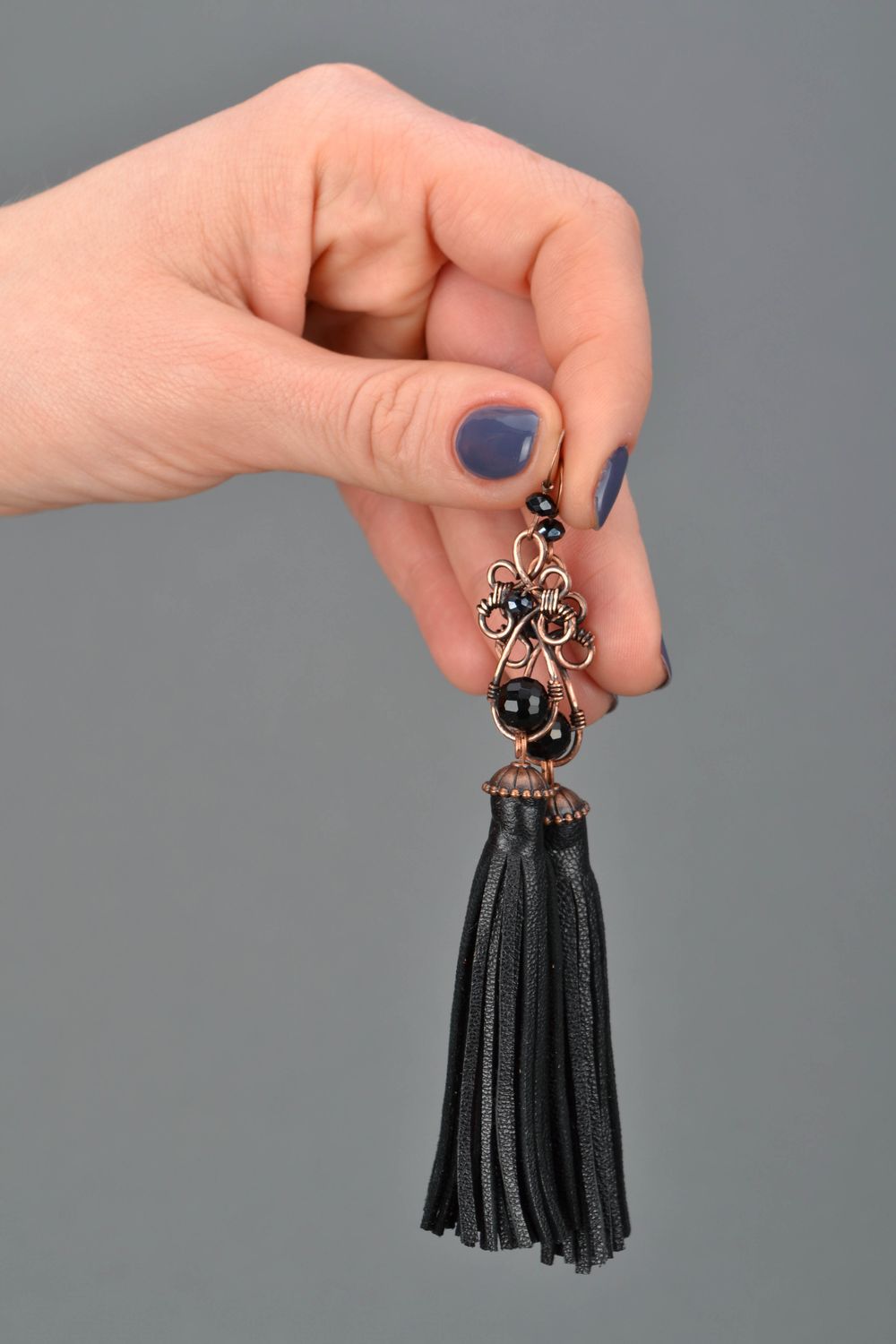 Long wire wrap copper earrings with leather fringe  photo 2