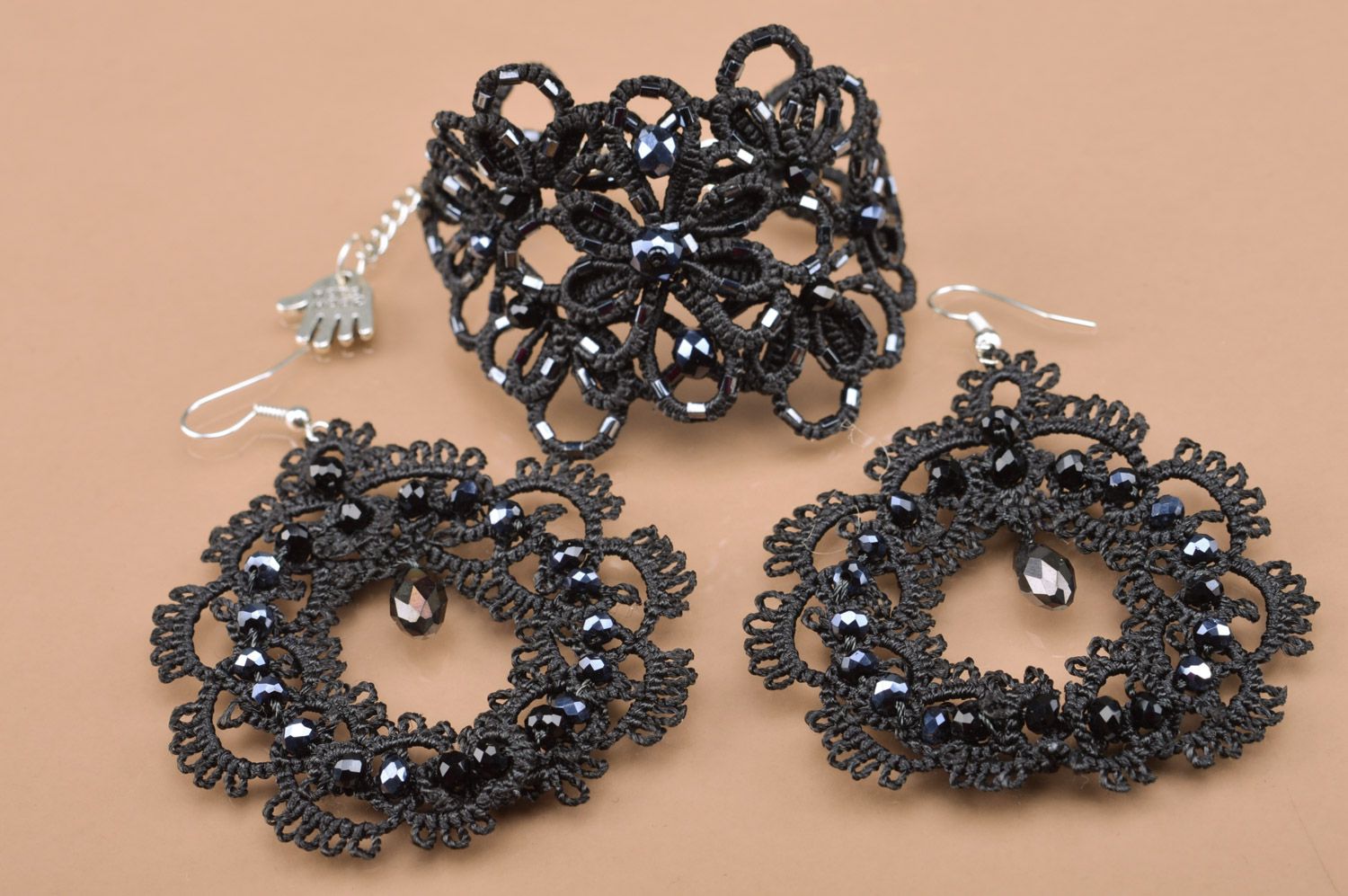 Handmade ankers tatting woven jewelry set two items bracelet and earrings in black color photo 5