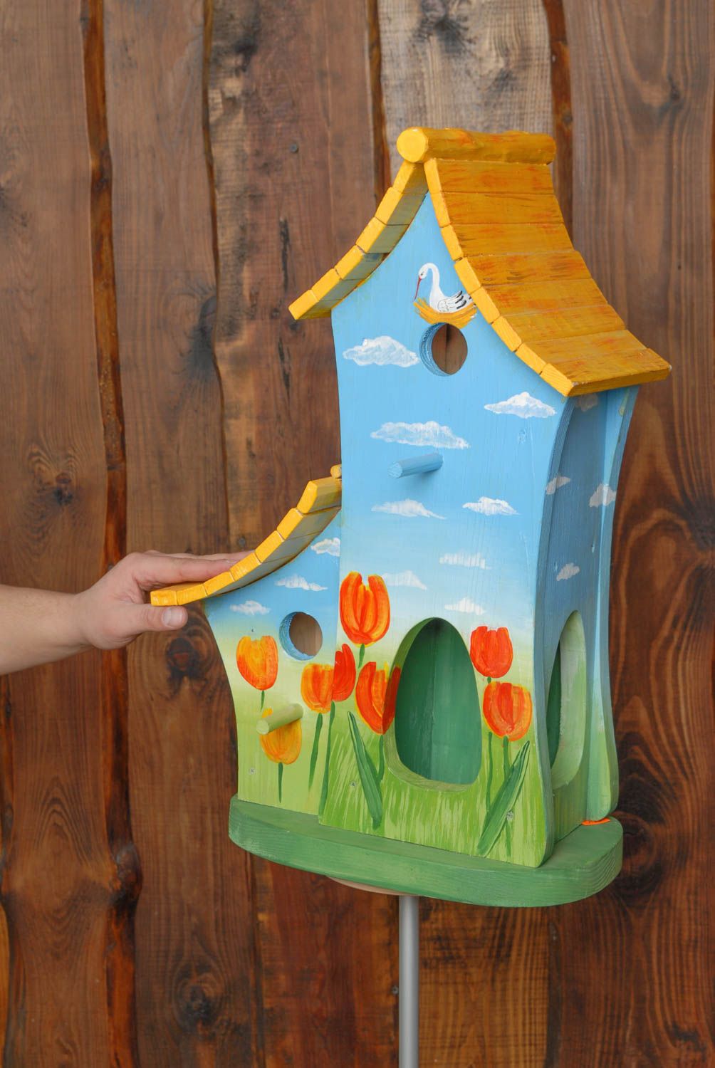 Large wooden birdhouse feeder with painting photo 2