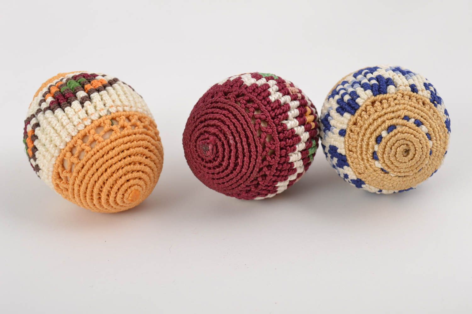 Set of 3 handmade designer macrame woven Easter eggs with colorful ornaments photo 3