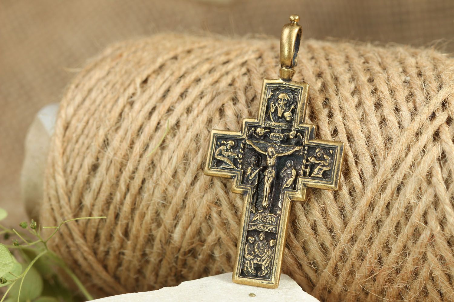 Orthodox two-sided bronze crucifix pendant photo 5