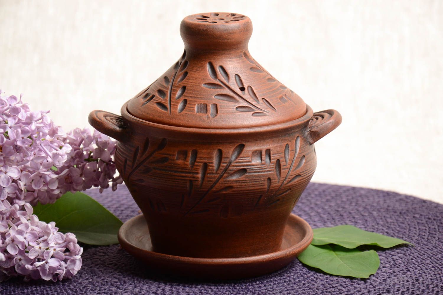 Handmade clay pot with saucer for roasting handmade kitchen decorative pottery photo 1