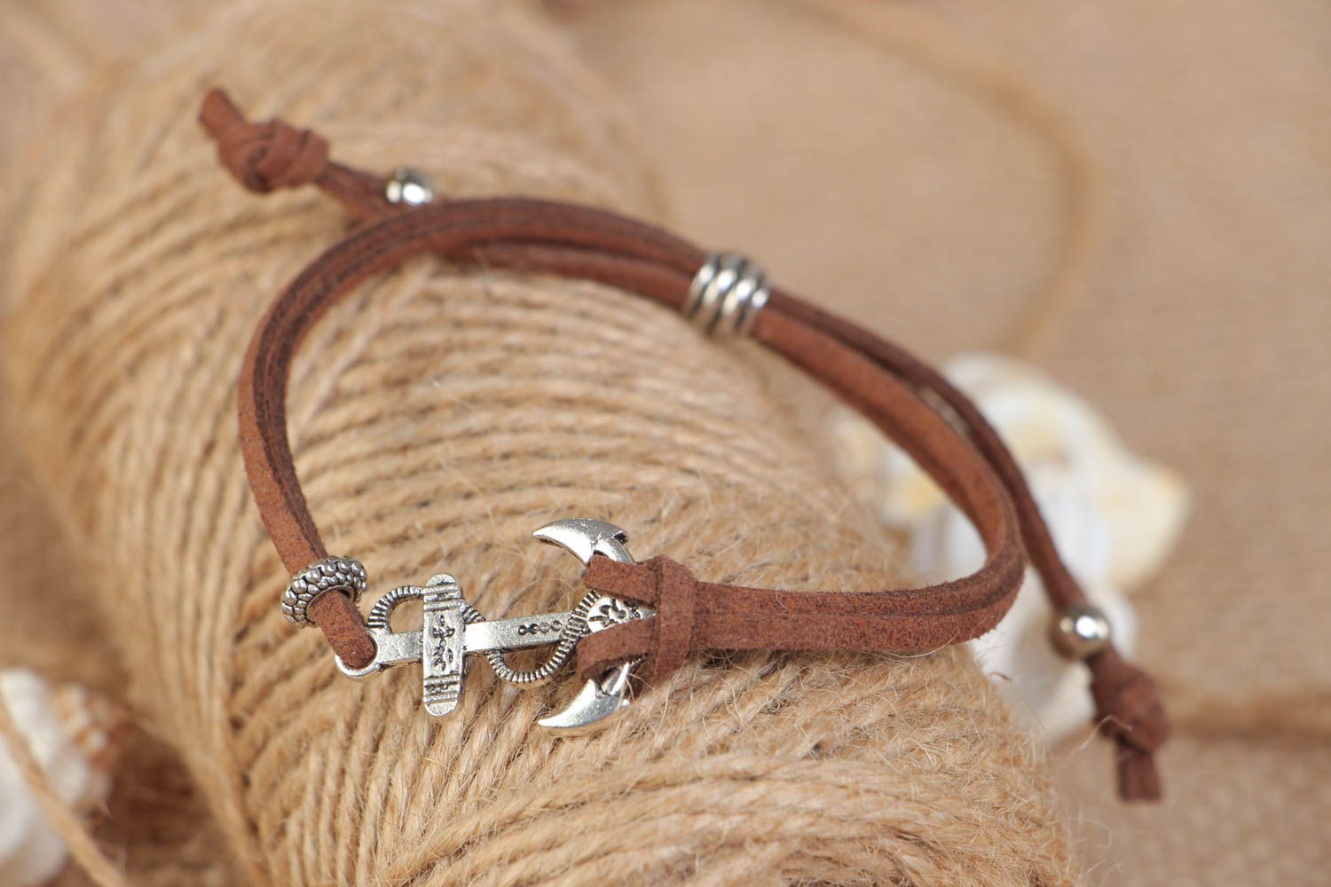 Handmade brown artificial suede cord bracelet with anchor charm photo 1