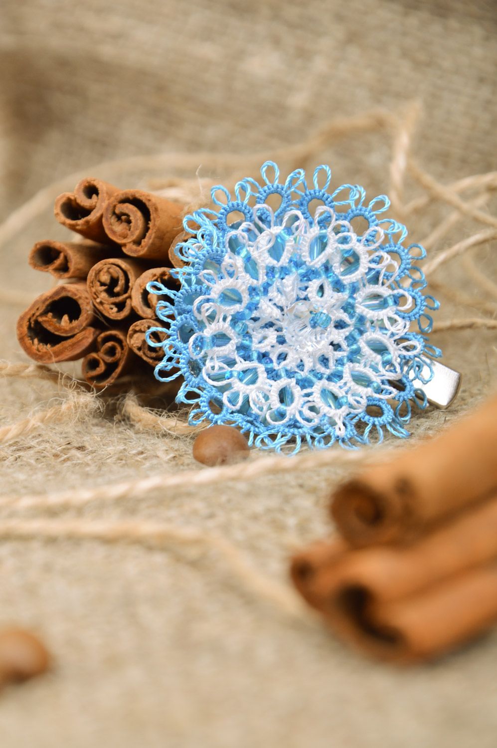 Handmade textile woven tatting brooch hair clip in the shape of blue flower photo 1