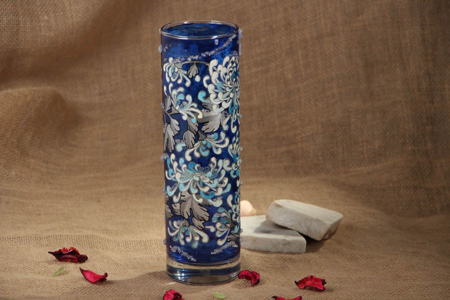 11 inches blue tube shape glass vase with floral décor 1,3 lb photo 4