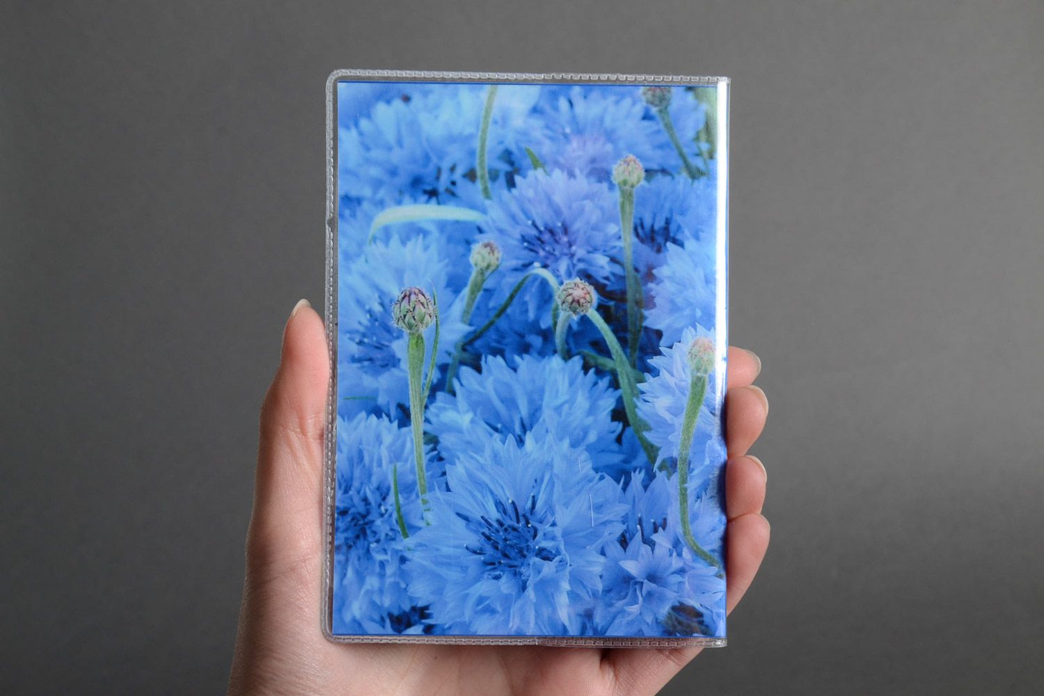 Handmade plastic passport cover with floral photo print in blue color palette photo 5