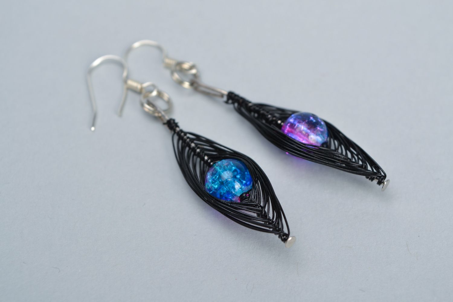 Long handmade wire earrings with beads Space photo 1