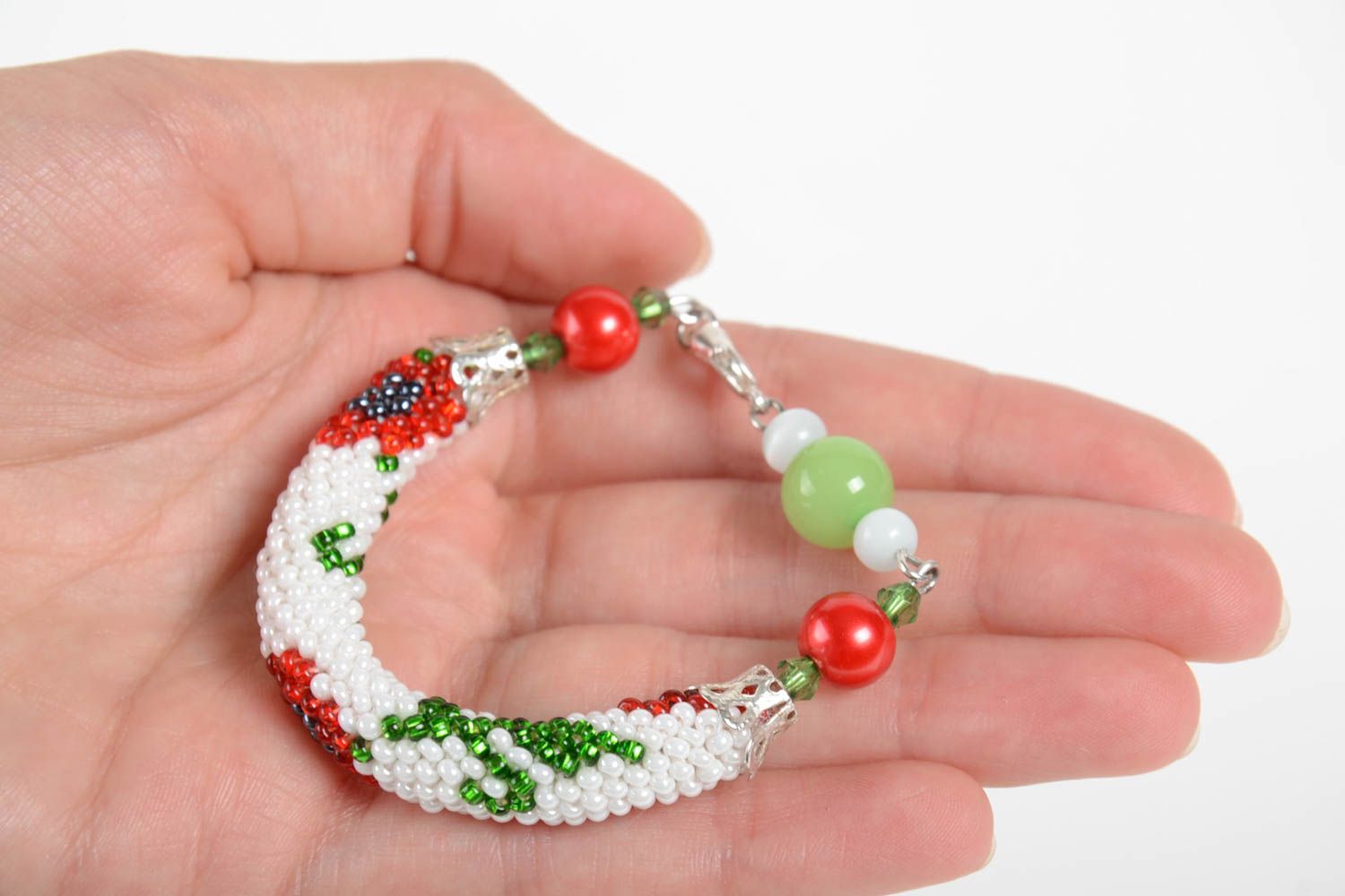 Bracelet perles de rocaille Bijou fait main Cadeau original femme blanc à motif photo 2
