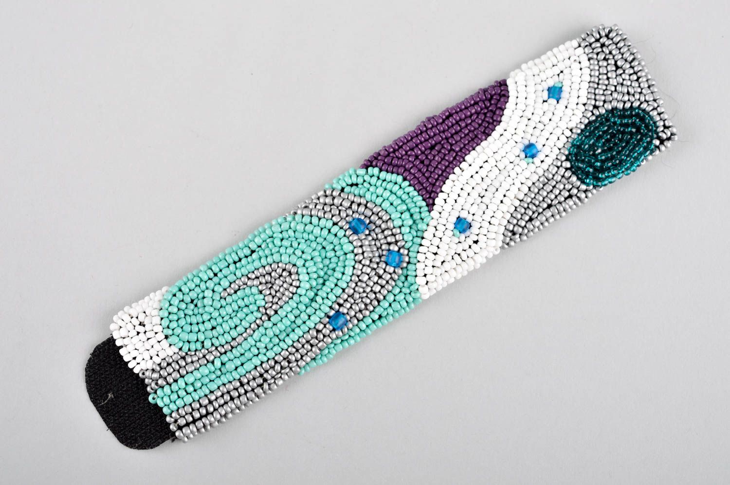 Stylish handmade beaded wide wrist bracelet in turquoise, white and black colors photo 5